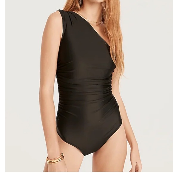 J. Crew Long torso ruched one shoulder one piece Swimsuit BC148 Black 14 - Picture 1 of 6